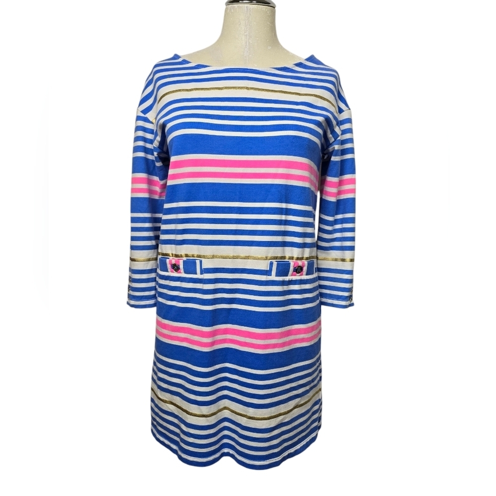 Lilly Pulitzer Lena Lapis Tiki Stripe Blue Pink Gold Dress XS